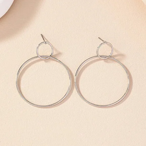 Minimalist Silver Double Circle Contemporary Dangle Earrings NEW - Picture 2 of 7